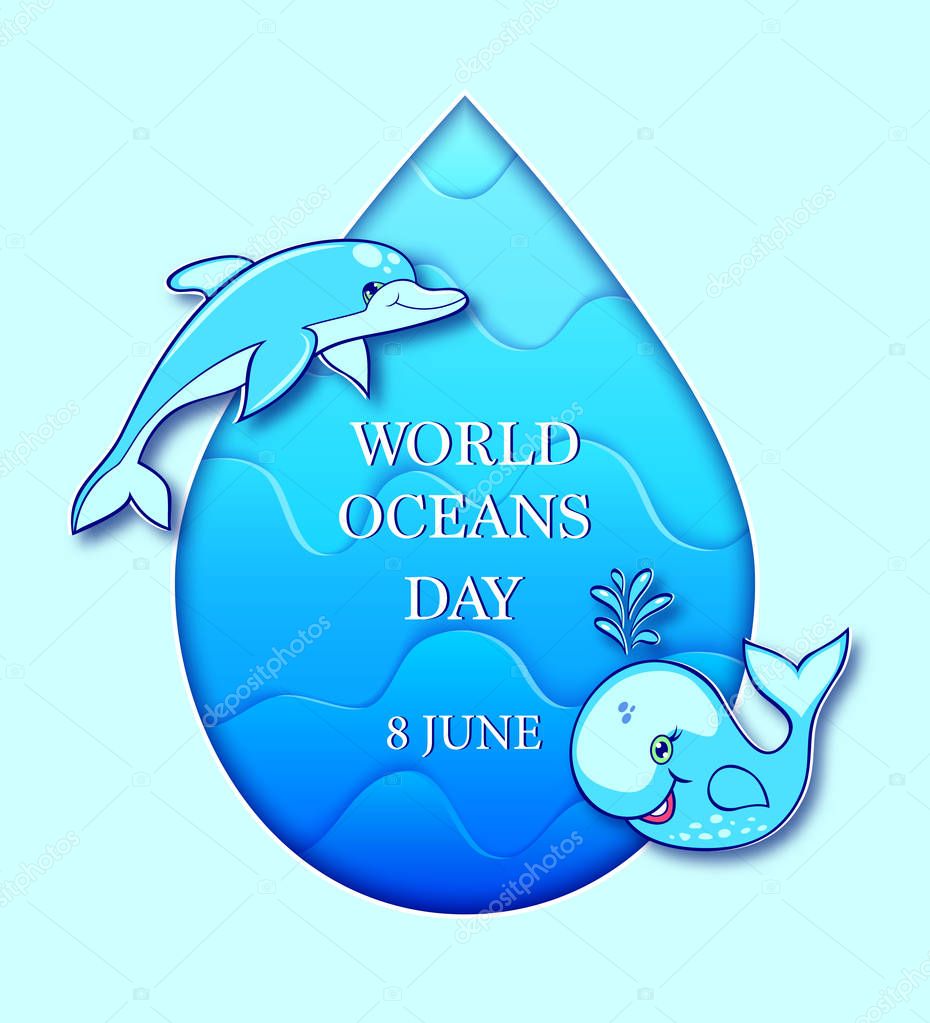 Blue water drop witn wale and dolphin.World ocean day.Vector illustration.