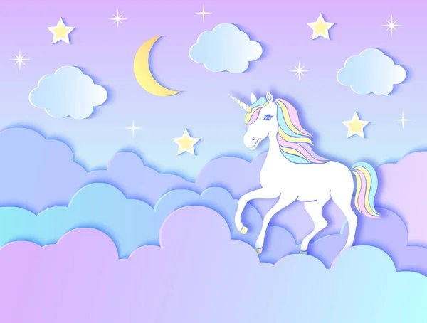 Unicorn, nori, lună și stele — Vector de stoc