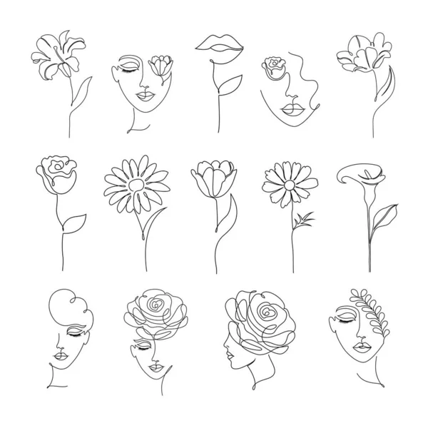 Flores e mulheres em uma linha de desenho estilo — Vetor de Stock