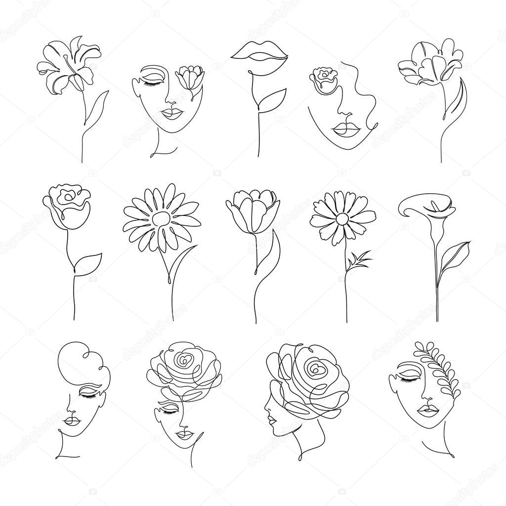 flowers and women in one line drawing style