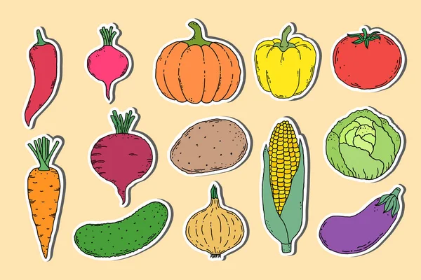 Adesivos com legumes desenhados à mão — Vetor de Stock