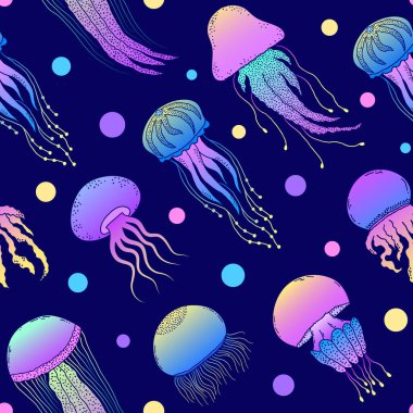 Renkli elle çizilmiş desenli denizanaları.