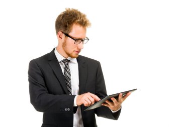 yakışıklı iş adamı ile tablet bilgisayar.