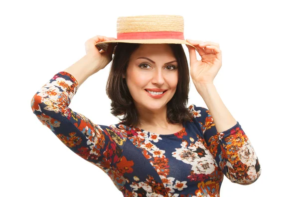 Γυναίκα φοράει καπέλο. Μόδα στούντιο πορτρέτου — Φωτογραφία Αρχείου