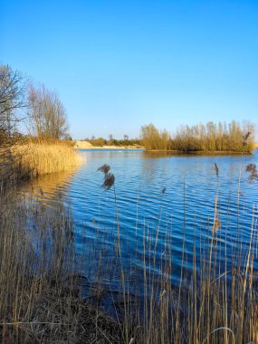 Kuzey Almanya 'da küçük bir gölde güzel bir gün batımı manzarası