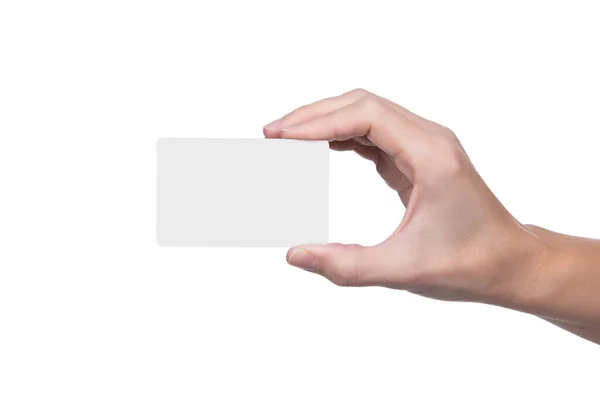 Γυναικείο Χέρι Κρατά Λευκό Χαρτί Λευκό Φόντο — Φωτογραφία Αρχείου