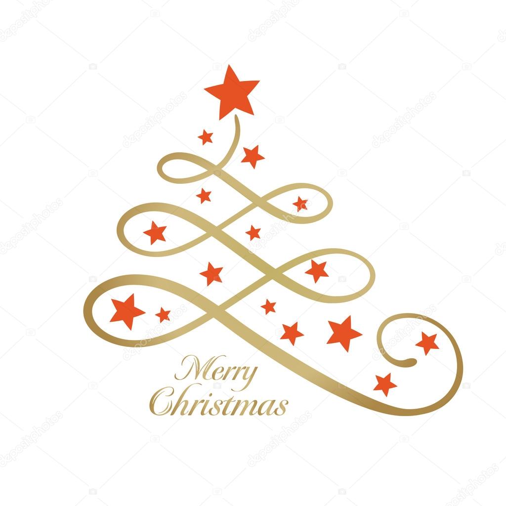 Golden Merry wording with Christmas tree and stars, line art