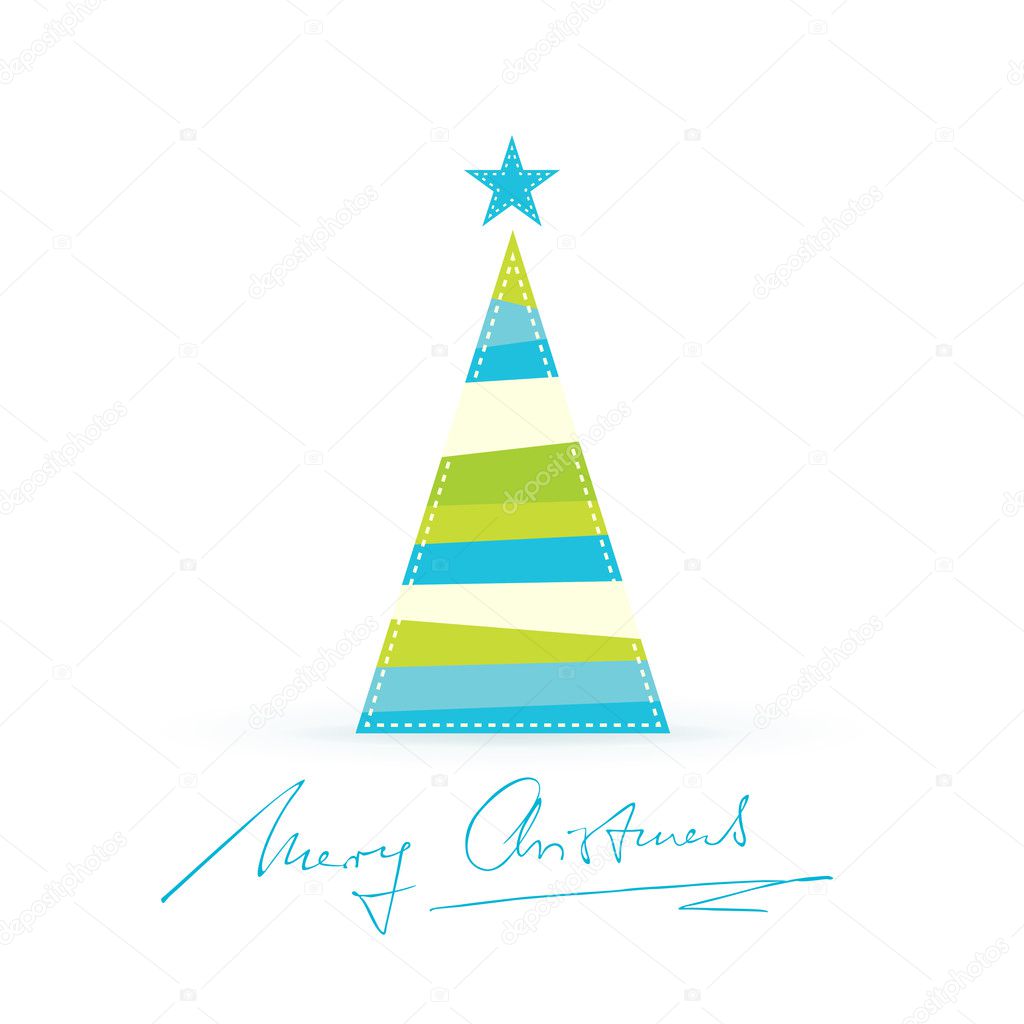 Un triangolare a forma di albero di Natale fatto di strisce colorate in modo diverso nei toni del blu e verde con un topper albero stelle e scritte a mano