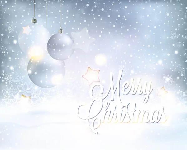Zilveren blauwe Kerstmis achtergrond met kerstballen en sneeuwval — Stockvector