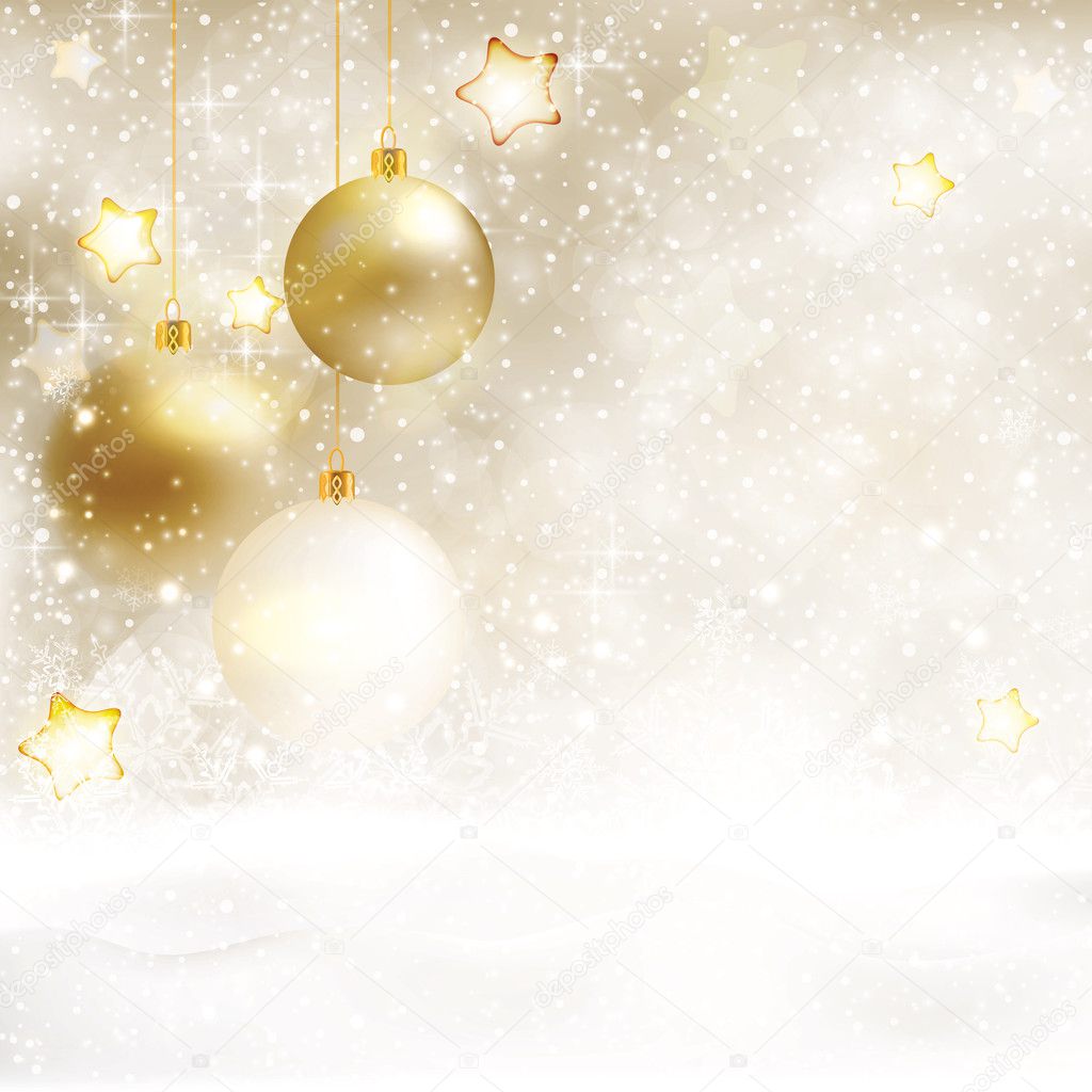 White golden Christmas background with baubles