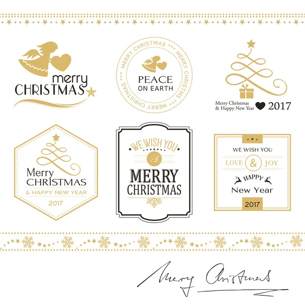 Merry Christmas icons, borders isolated on white in gold and bla — Stock Vector