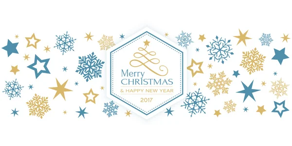Bordure en or bleu flocon de neige avec typographie Joyeux Noël — Image vectorielle