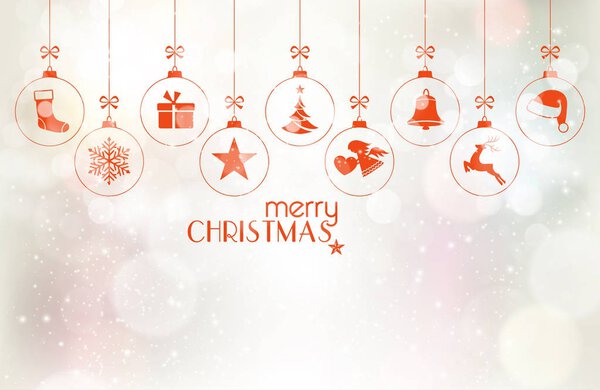 Set of hanging Christmas baubles over silver background with lig