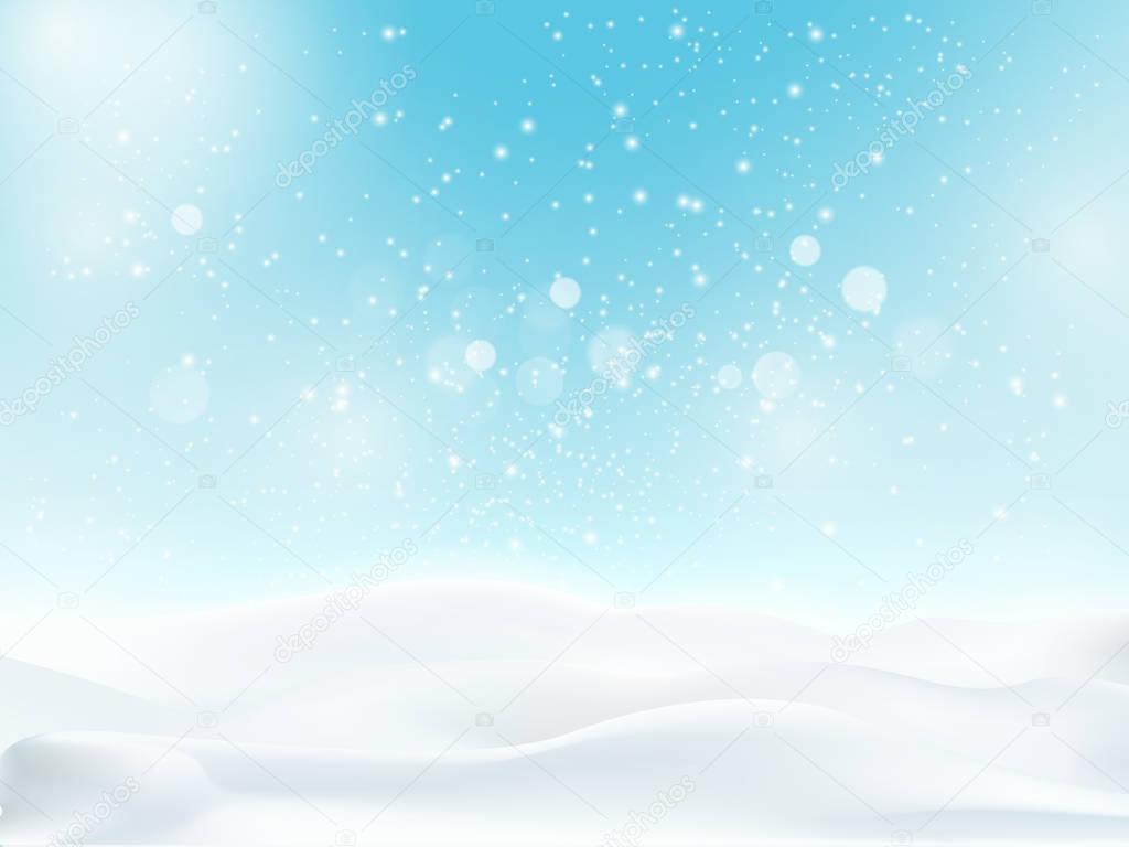 Snow landscape with light blue sky and snowfall
