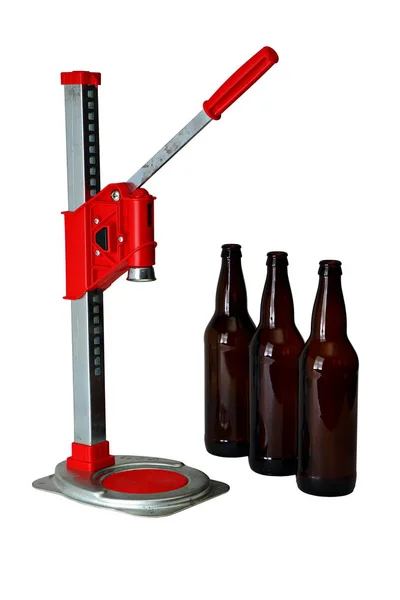 Bottle Cap Press and Bottles for Homebrew Beer — Stock Photo, Image