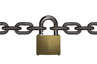 bir asma kilit arasında iki demir zincir, 3D işleme üzerinde beyaz izole