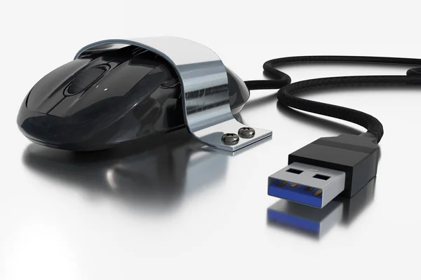 3D rendering of a computer mouse which is screwed with a metal holder — Stock Photo, Image