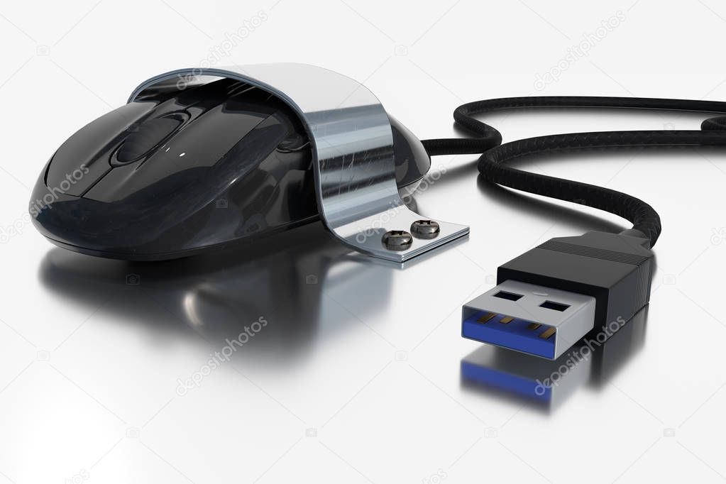 3D rendering of a computer mouse which is screwed with a metal holder 