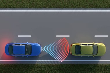 bir araba çarpışma kaçınma sistemi bir üst görünümden 3D render