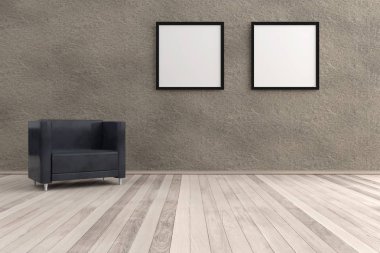 temiz bir oturma odası katta ve iki resim çerçeveleri duvara bir sandalye ile 3D işleme