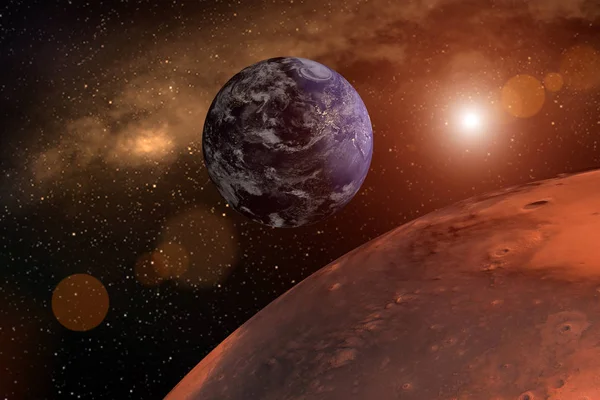 3D-Darstellung vom Planeten Mars als Nahaufnahme mit Erde und Sonne im Hintergrund — Stockfoto