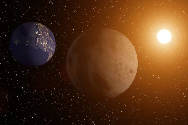 从月球与地球和太阳在背景中的 3d 渲染。这幅图像由美国国家航空航天局提供的元素 — 图库照片