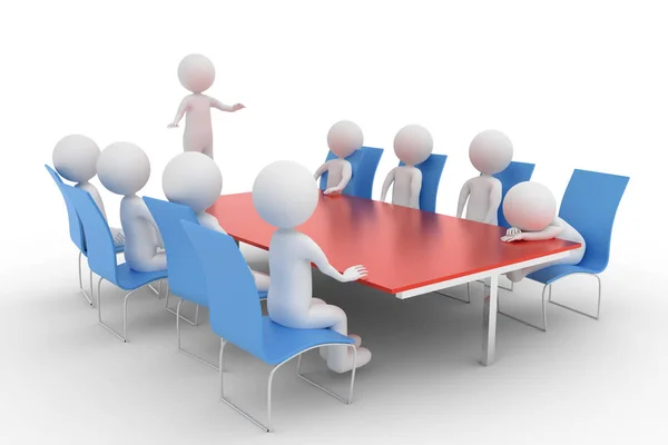 Representación en 3D de un grupo de personajes de arcilla en una sala de reuniones donde un participante está durmiendo —  Fotos de Stock
