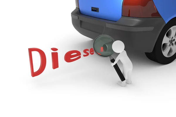 3D-Darstellung einer Figur aus Ton, die den Auspuff eines Dieselautos mit einer Lupe inspiziert. — Stockfoto