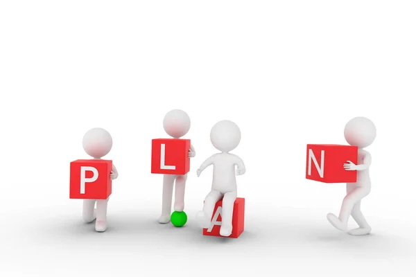 3D rendering from some clay characters who are carrying red cubes with letters to build the word PLAN — Stock Photo, Image