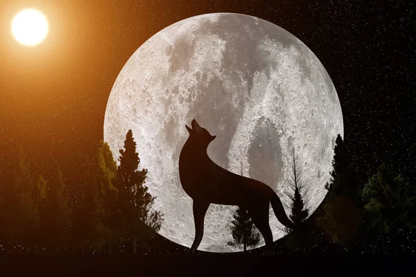 Representación 3D de un lobo oruga ante una gran luna con bengalas de lente — Foto de Stock