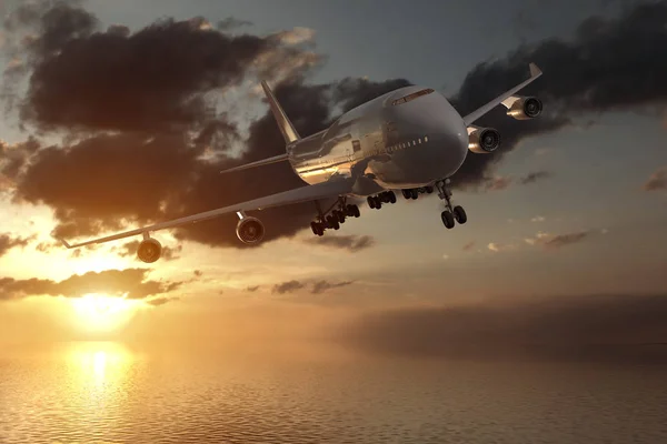 3D-Darstellung aus der Frontansicht eines großen Flugzeugs bei Sonnenuntergang über dem Ozean — Stockfoto