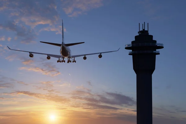 3D-Darstellung aus der Rückansicht eines Flugzeugs neben einer Flugsicherung — Stockfoto