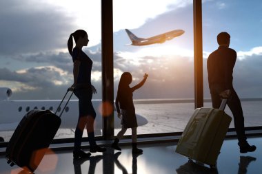 gözlük arkasında bir başlangıç uçağı ile terminal Havaalanı'nda bir aileden 3D render