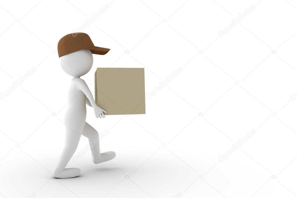 3D rendering from a clay character as a postman who is carrying a parcel to a customer