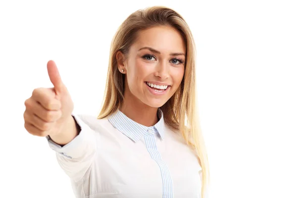 Gelukkige vrouw weergegeven: ok teken — Stockfoto