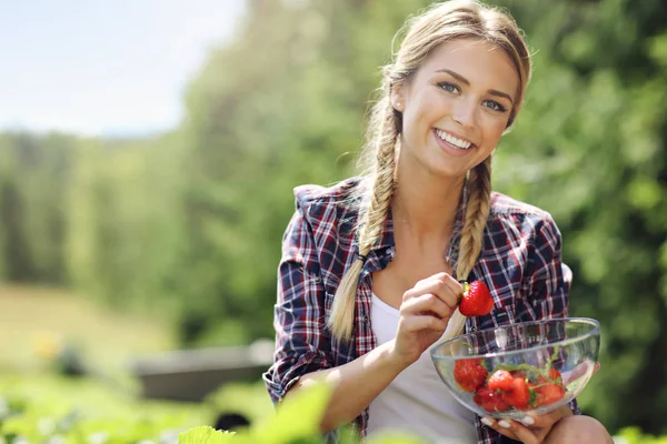 Happy woman collecting fresh strawberries — Stock Photo, Image