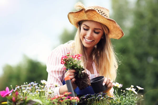 Woman growing flowers outside — Stock Photo, Image