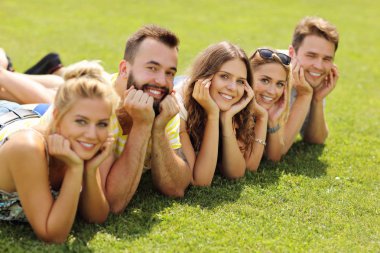 Arkadaş grubu çimenlerin üzerinde birlikte eğleniyor