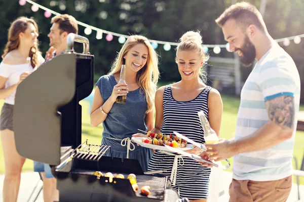 Venner som har grillfest – stockfoto