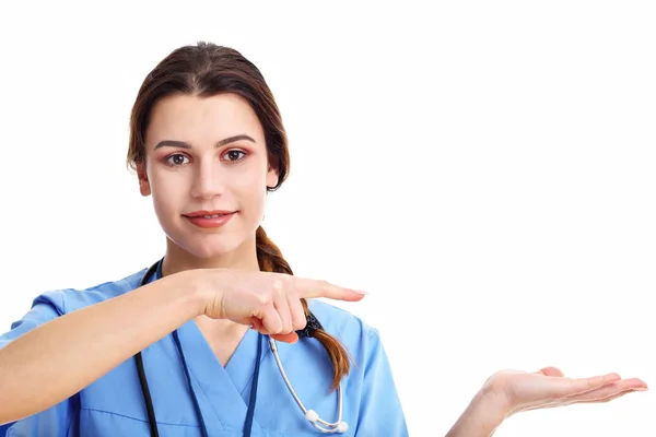 Nő orvos elszigetelt fehér háttér felett — Stock Fotó