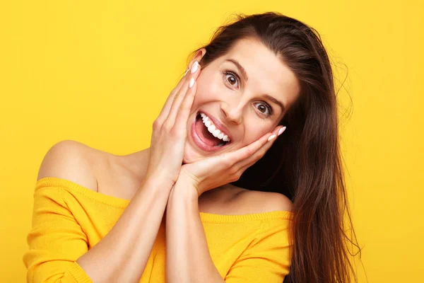 Picture Woman Making Faces Yellow Background — Stock Photo, Image