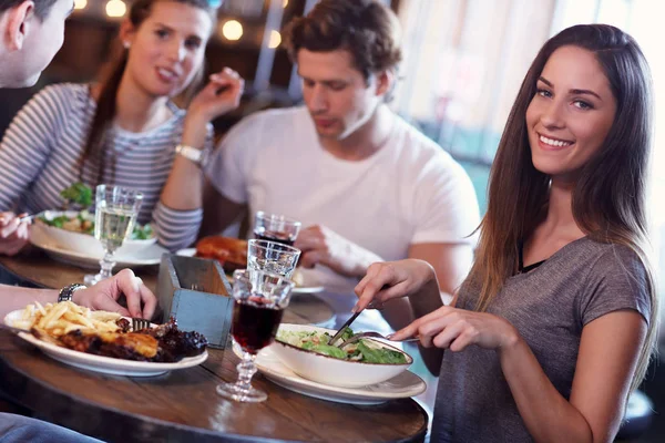 Group Young Friends Enjoying Meal Restaurant — Stock Photo, Image