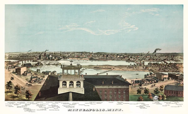 Oude illustratie van het panoramisch uitzicht van Minneapolis — Stockfoto