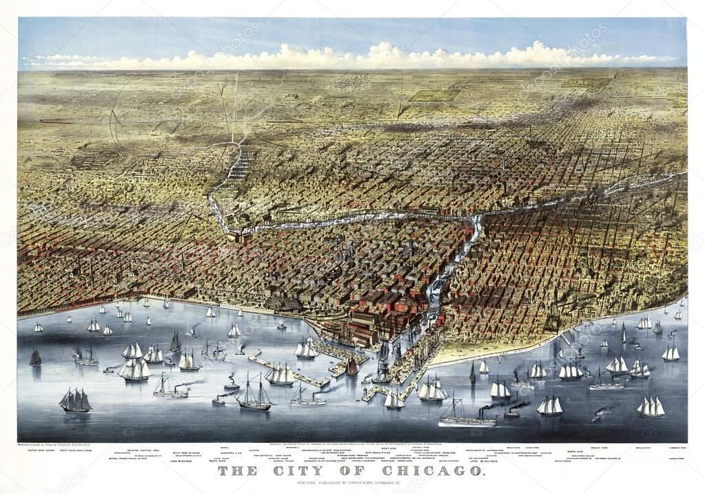 Chicago panoramic view old illustration