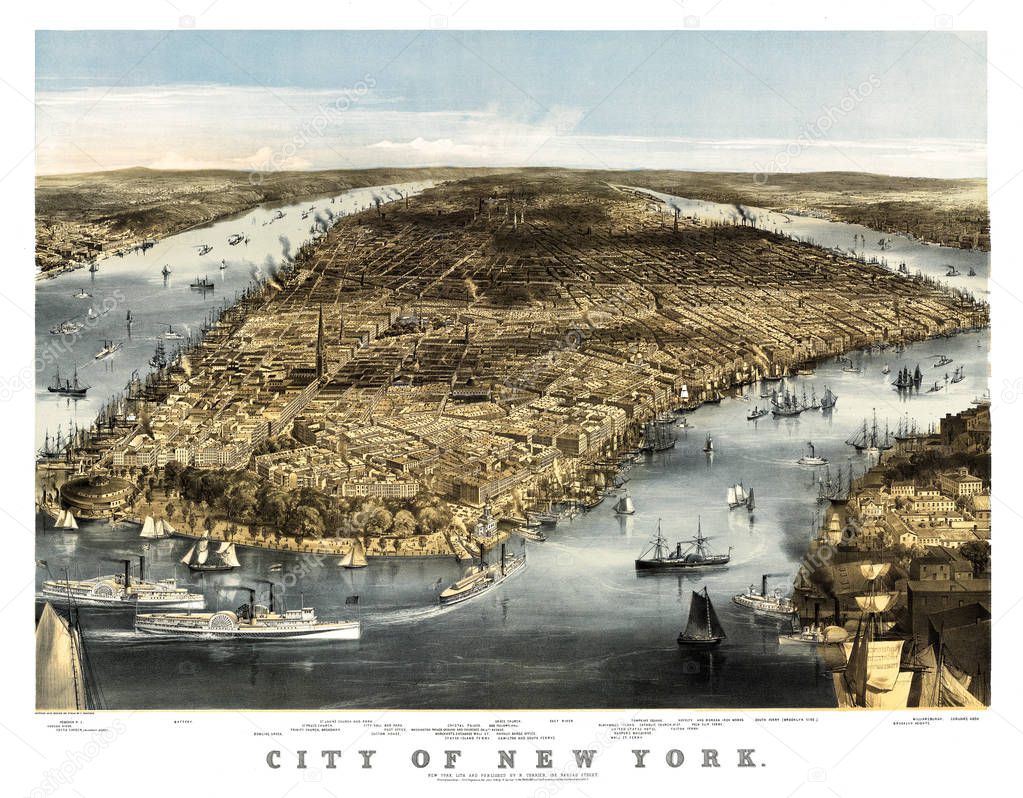 New York novies panoramic view old illustration