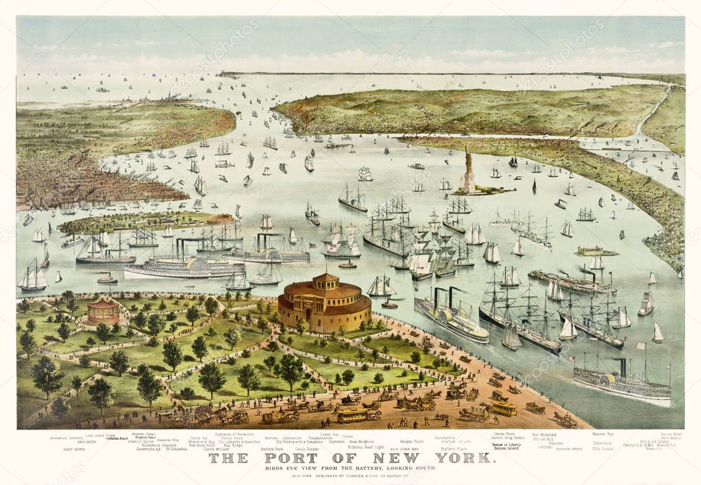 The Port of N.Y. panoramic view old illustration