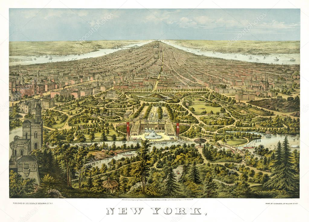 New York quindecies panoramic view old illustration
