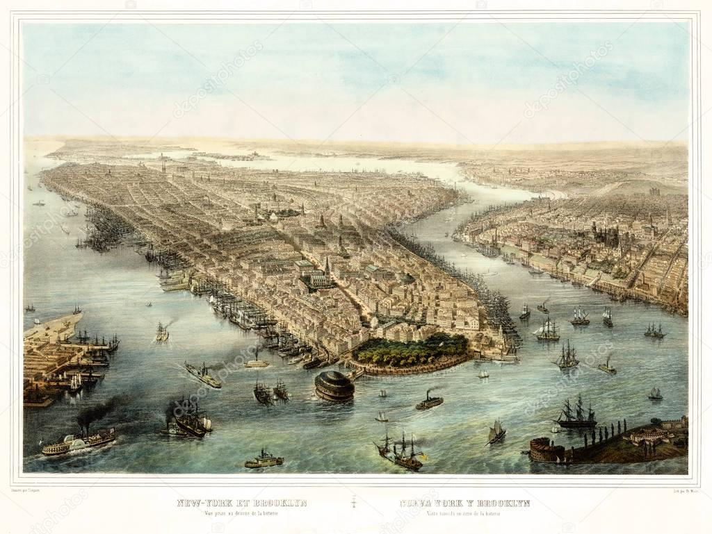 New York panoramic view old illustration