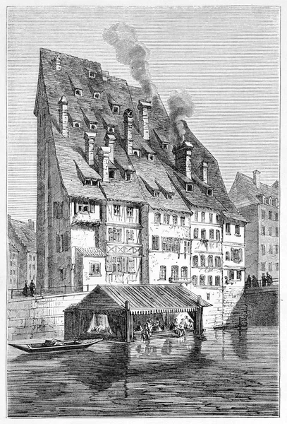 Starożytne domy na rzece. Widok z przodu. Czarno-biały ilustracja vintage — Zdjęcie stockowe