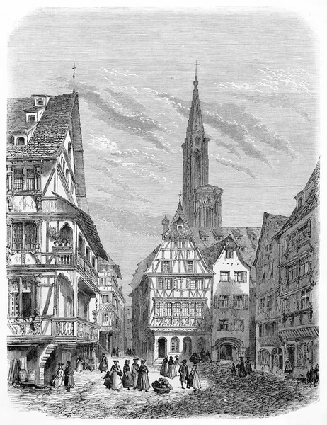 中世纪的城镇房屋。黑色和白色复古插画 — 图库照片